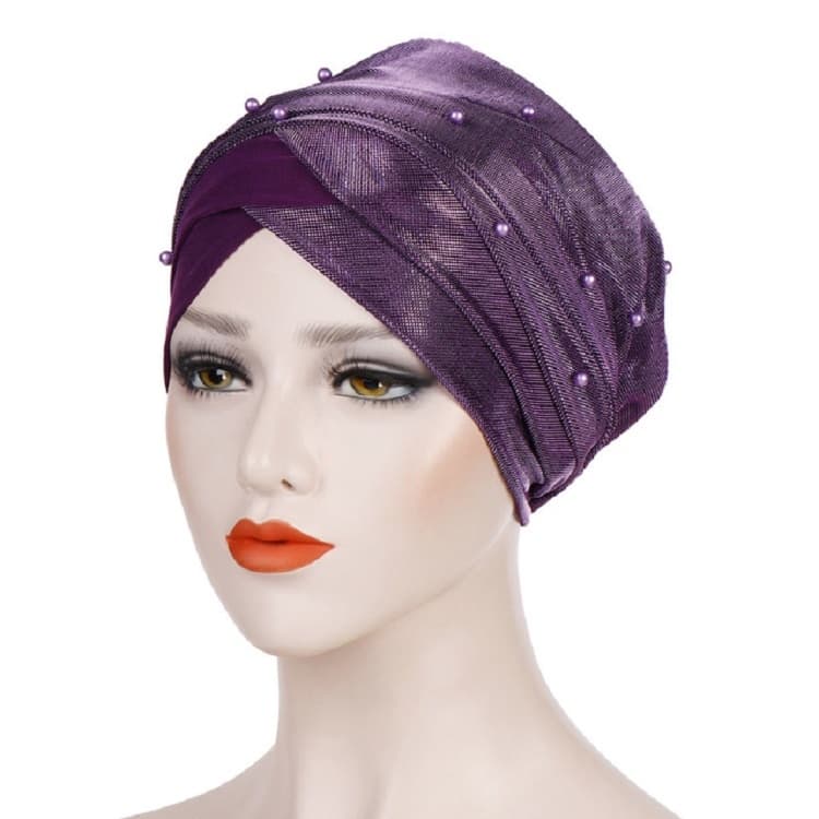Women Beaded Two-color Turban Hat Bright Silk Cloth Hooded Cap(Purple)
