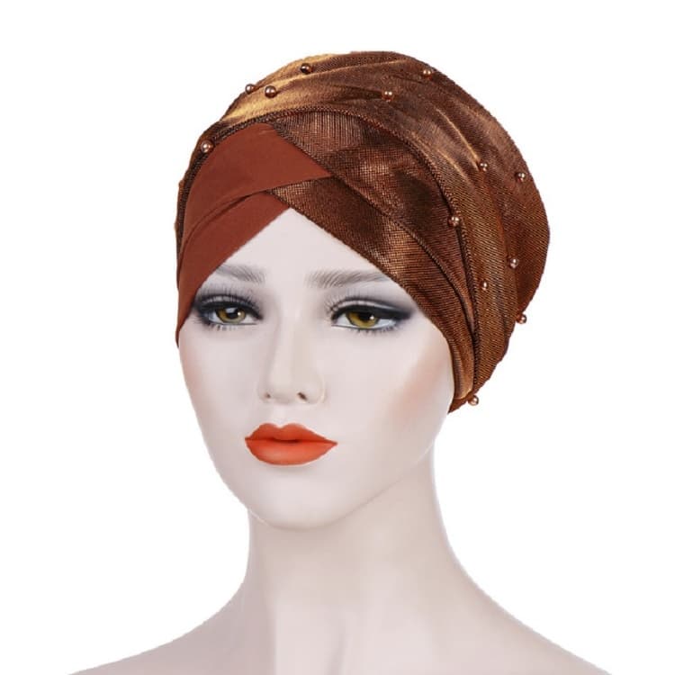 Women Beaded Two-color Turban Hat Bright Silk Cloth Hooded Cap(Red Brown)