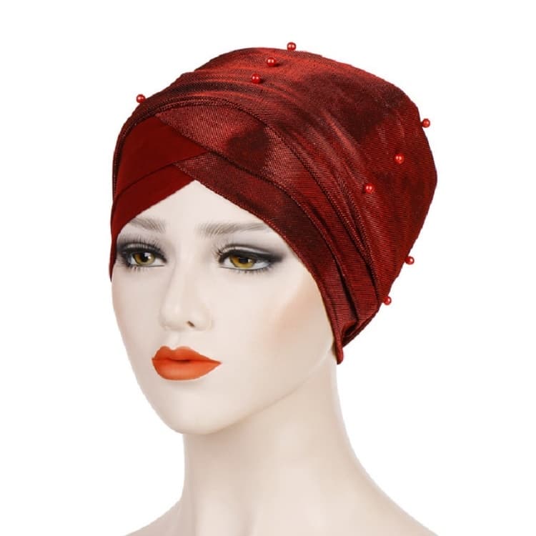 Women Beaded Two-color Turban Hat Bright Silk Cloth Hooded Cap(Red Wine)