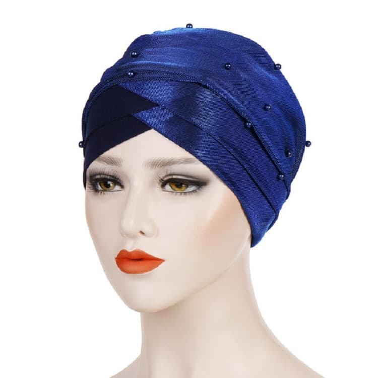 Women Beaded Two-color Turban Hat Bright Silk Cloth Hooded Cap(Royal Blue)