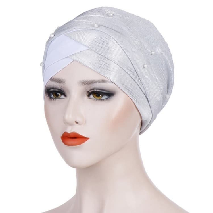 Women Beaded Two-color Turban Hat Bright Silk Cloth Hooded Cap(White)