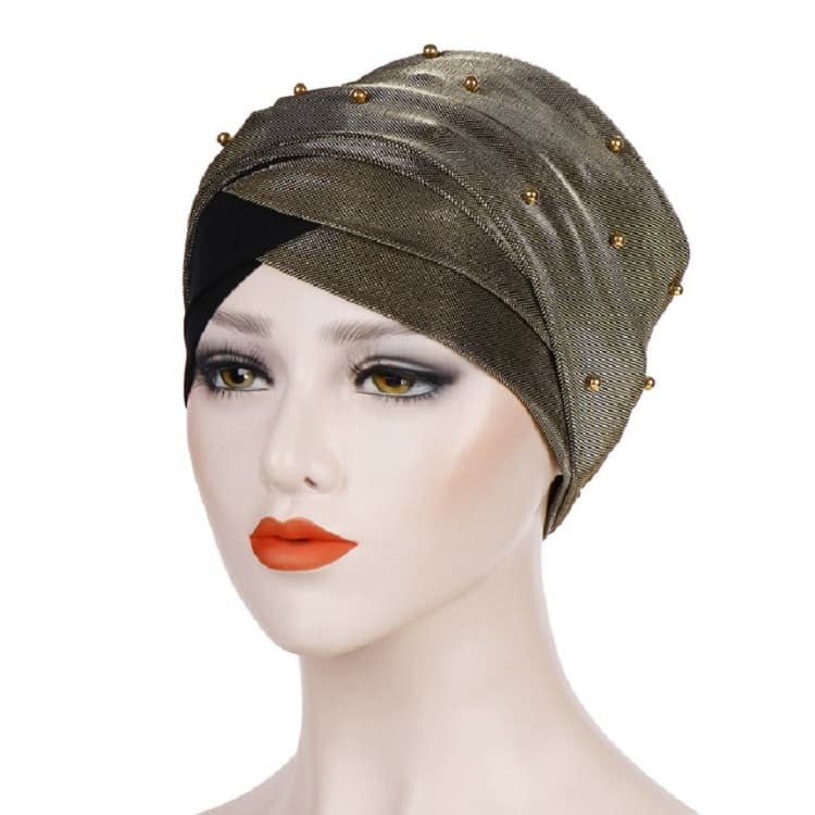 Women Beaded Two-color Turban Hat Bright Silk Cloth Hooded Cap(Yellow Brown + Black)