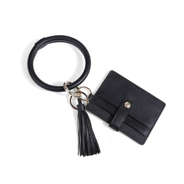 Wrist Ring PU Leather Card Case Key Chain Coin Purse(Black)