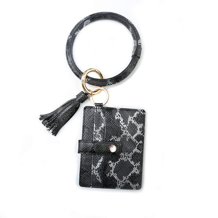 Wrist Ring PU Leather Card Case Key Chain Coin Purse(Black Snake)