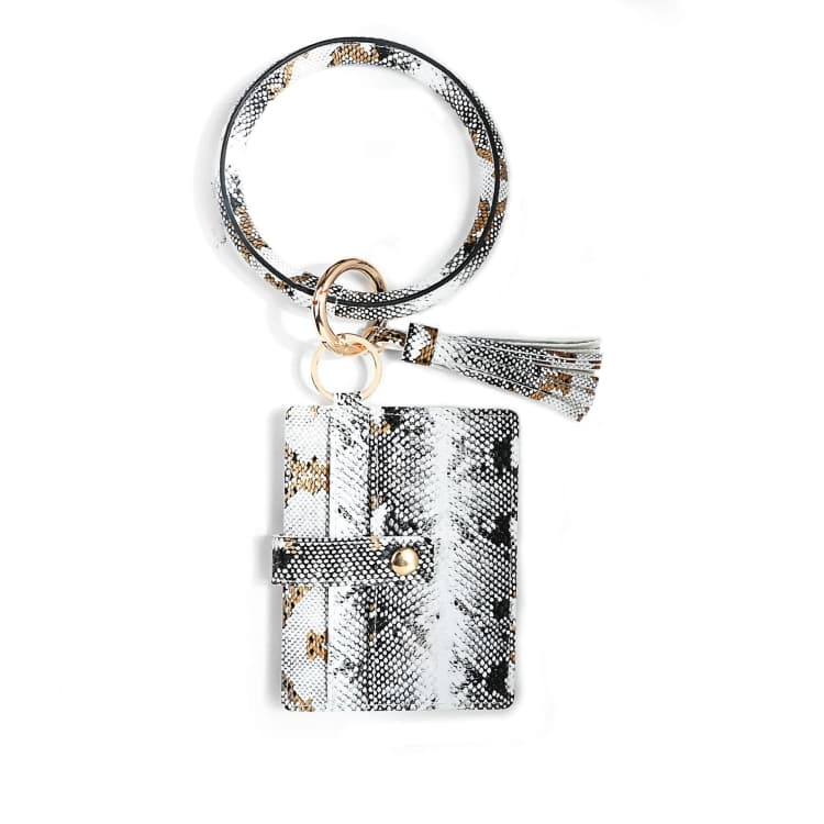 Wrist Ring PU Leather Card Case Key Chain Coin Purse(White Snake)