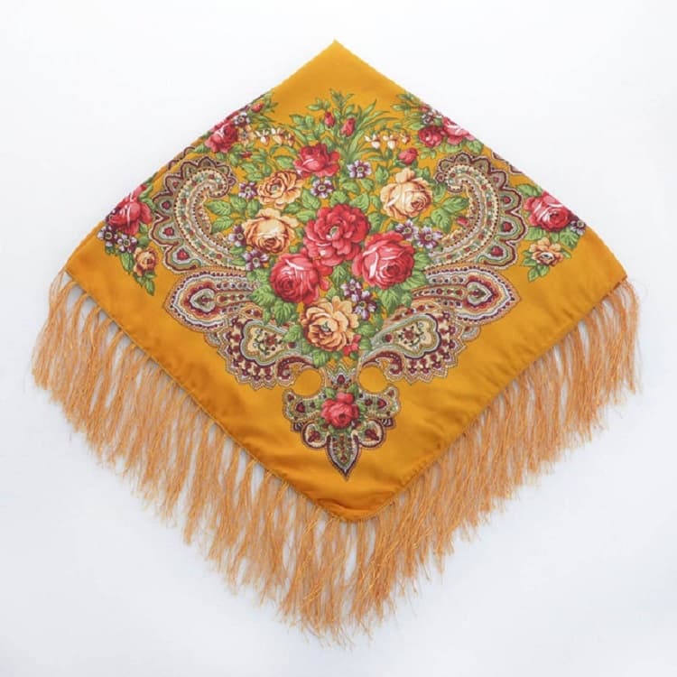Foulard retrò etnico giallo con frange a quadri, motivo floreale, misura 90x90 cm
