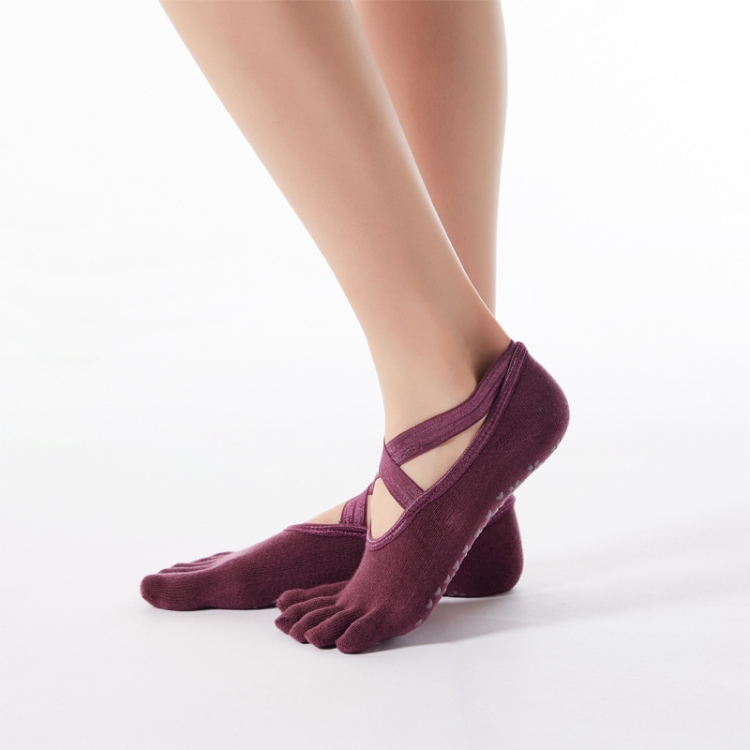 1 Pair Five-Finger Cross-Lace Yoga Cotton Socks Fashion Non-Slip Sports Dance Socks, Size: One Size(Full Toed (Wine Red))