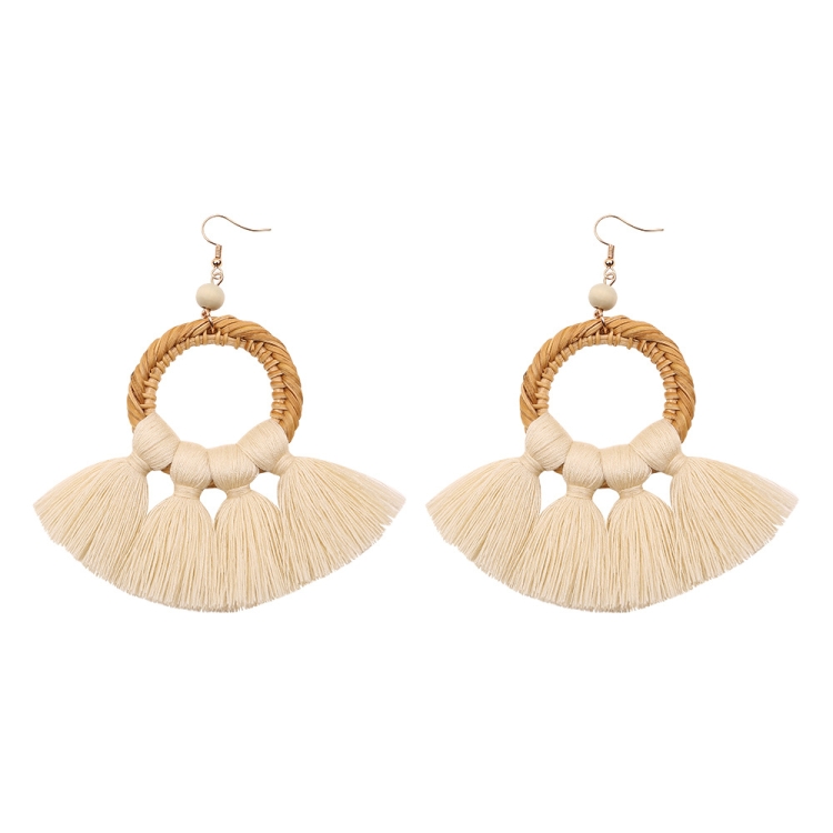 1 Pairs Ethnic Style Cotton Tassel Earrings Exaggerated Earrings Long Earrings(Beige)