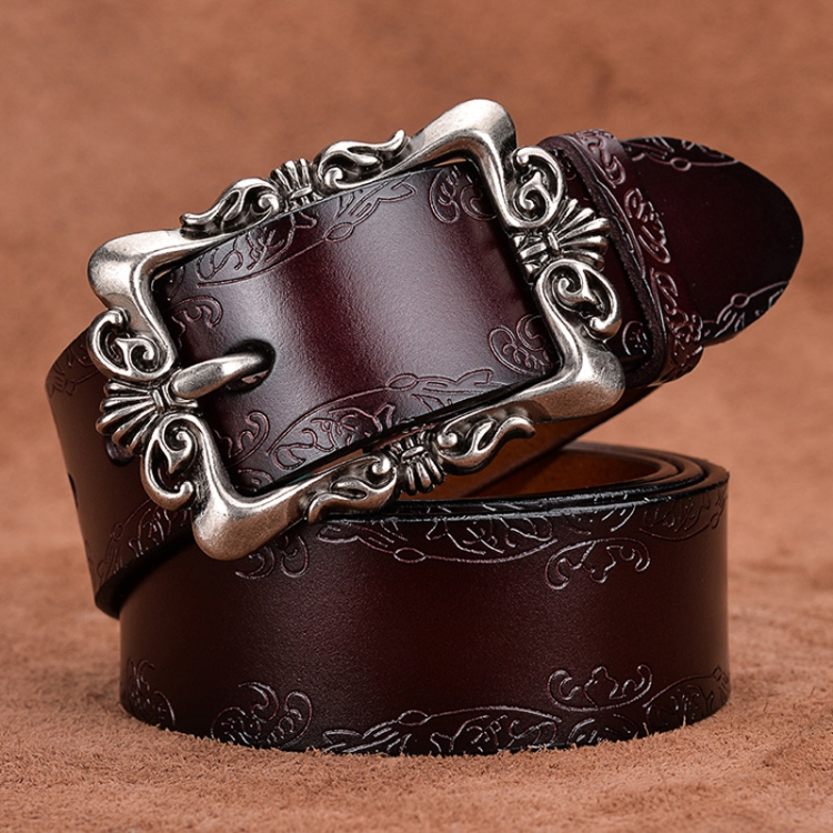 110cm Women Carved Leather Waist Band Simple Pin Buckle Belt(Coffee)