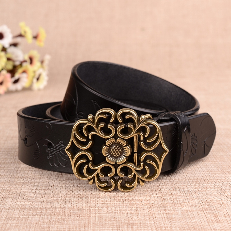 115cm Sunflower Pattern Needle Buckle Women Belt Retro Waist Band Leather Belt(Black)