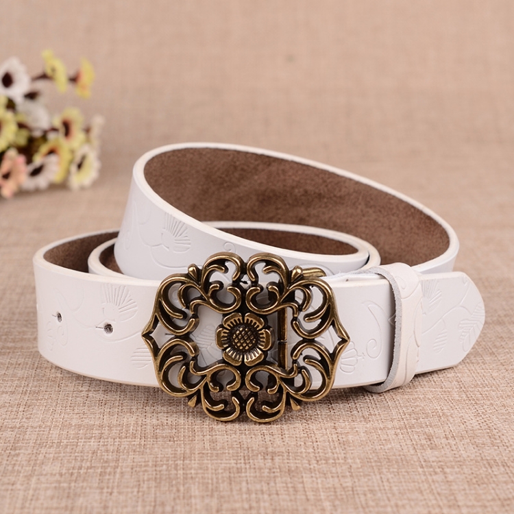 115cm Sunflower Pattern Needle Buckle Women Belt Retro Waist Band Leather Belt(White)