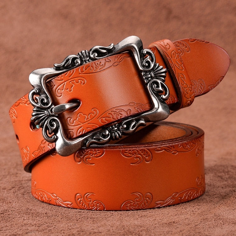 115cm Women Carved Leather Waist Band Simple Pin Buckle Belt(Camel)