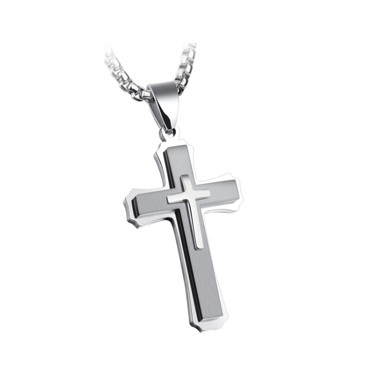 1213 Three Layer Cross Necklace Titanium Steel Men Necklace, Color: Steel Color Pendant+3x55cm Pearl Chain