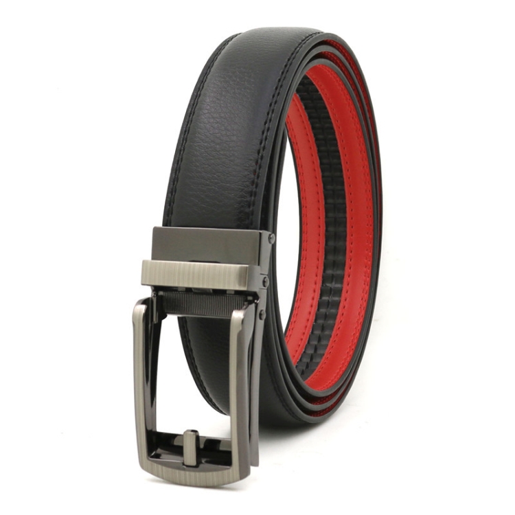 125cm Second Layer Cowhide Men Business Belt Automatic Buckle Belt(Black Red)