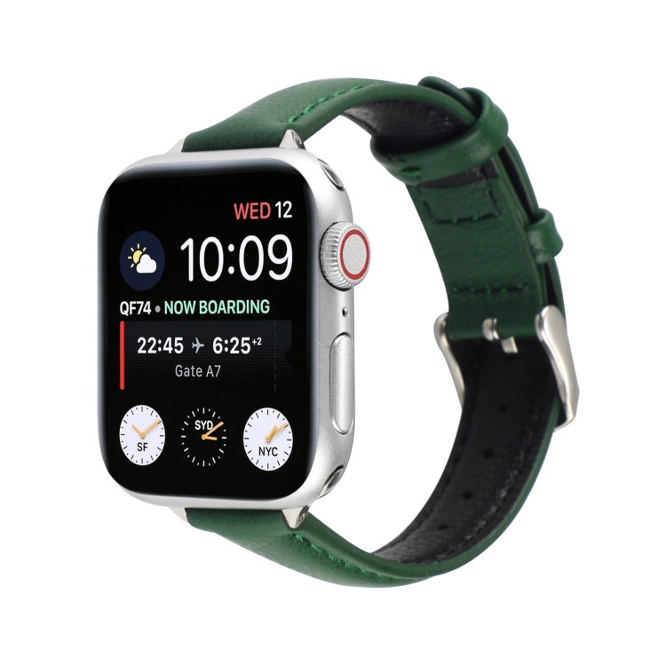 14mm Slim Genuine Leather Watch Band Watch Band For Apple Watch Series 7 45mm / 6 & SE & 5 & 4 44mm / 3 & 2 & 1 42mm(Dark Green)