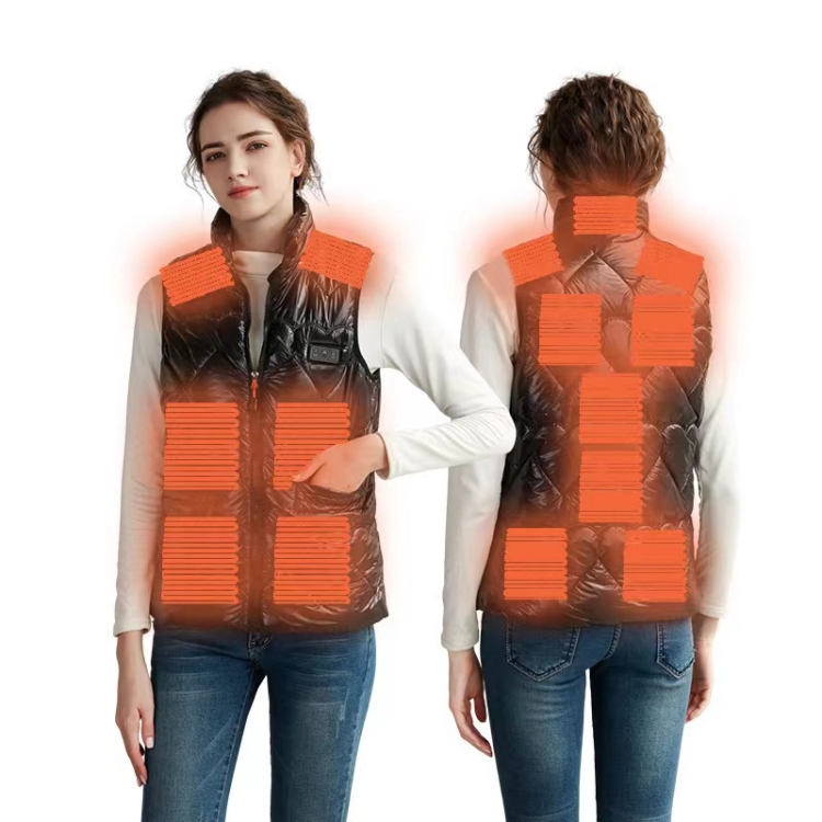 15 Areas Heated Shiny Vest For Women With 3 Independent Temperature Control, Size: L(Black)