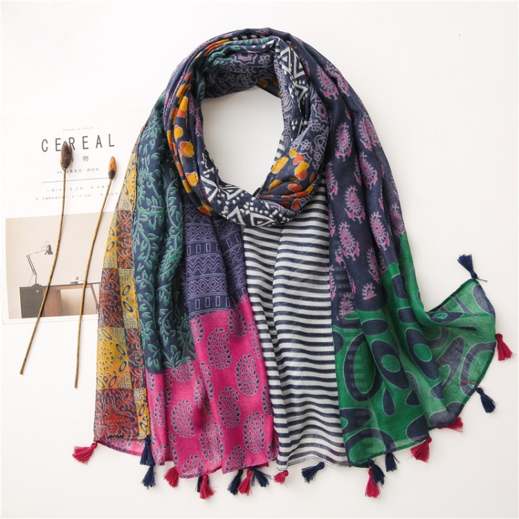 180 X 85cm Women Cotton And Linen Scarf Retro Splicing Bohemian Printed Silk Shawl SL2009-017
