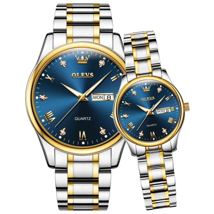 1pair OLEVS 5563 Couple Luminous Waterproof Quartz Watch(Blue + Gold)