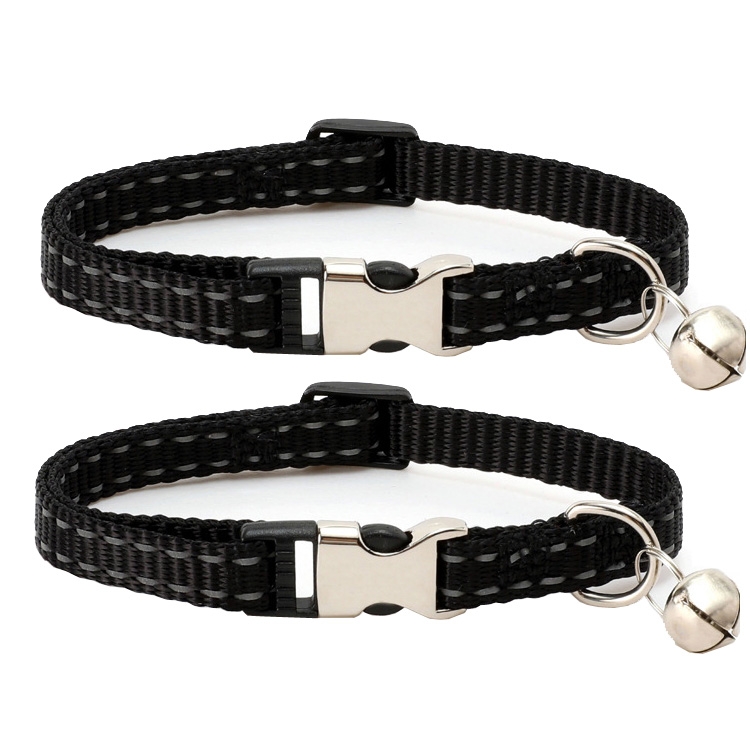 2 PCS Night Reflective Nylon Cat Collar With Bell, Size: XS 1.0x19-30cm(No Carving Black)