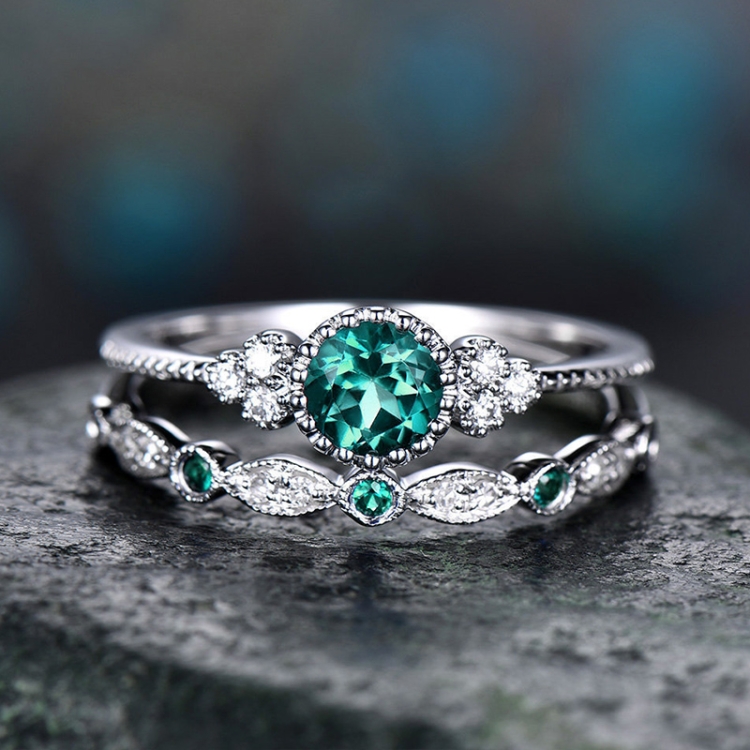 2 PCS/Set Women Fashion Zircon Gemstone Ring 10(Green)