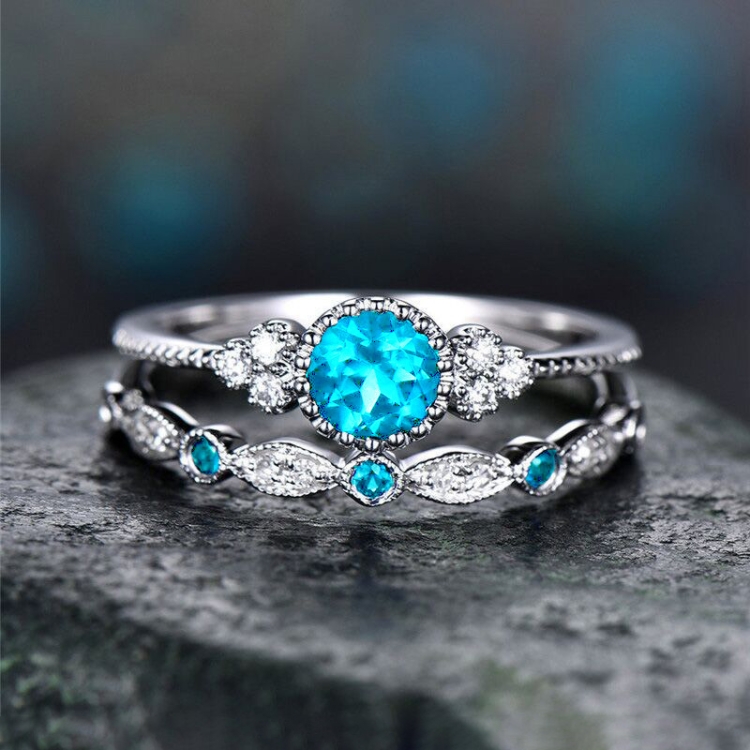 2 PCS/Set Women Fashion Zircon Gemstone Ring 8(Lake Blue)
