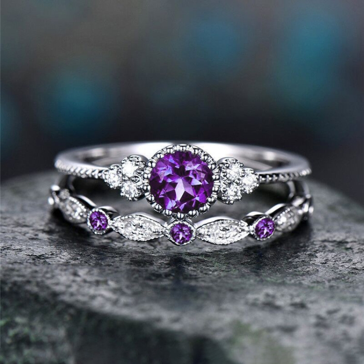 2 PCS/Set Women Fashion Zircon Gemstone Ring 9(Purple)