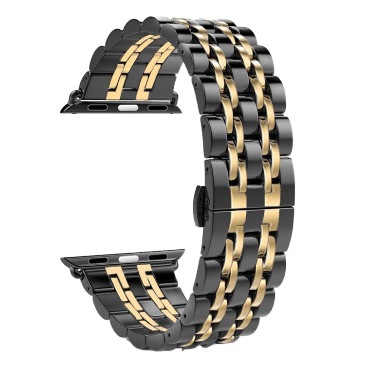 22mm Men Hidden Butterfly Buckle 7 Beads Stainless Steel Watch Band For Apple Watch 38mm(Black Gold)