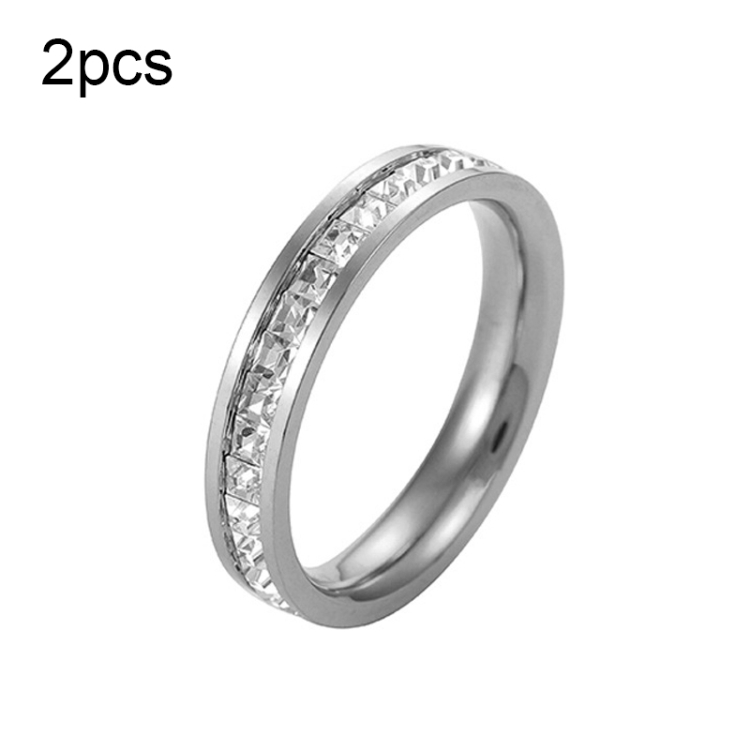 2pcs Girls Simple Titanium Steel Diamond Ring, Size: US Size 9(Single Row Silver)