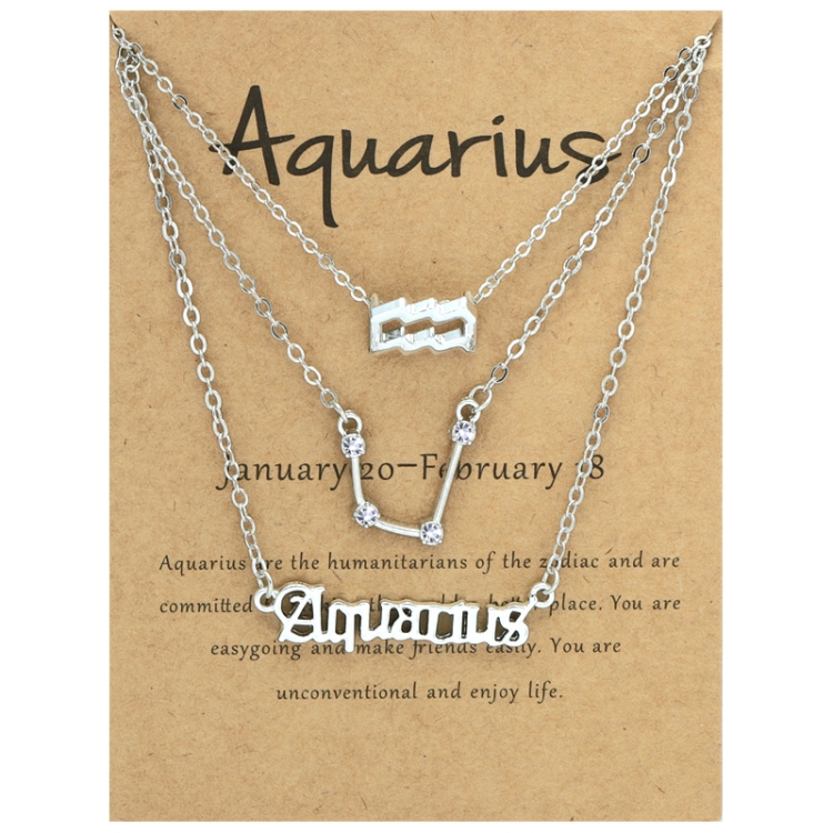 3 In 1 12 Zodiac Signs Necklace Set Retro Alphabet Symbols With Diamonds Jewelry Set, Style: Aquarius Silver
