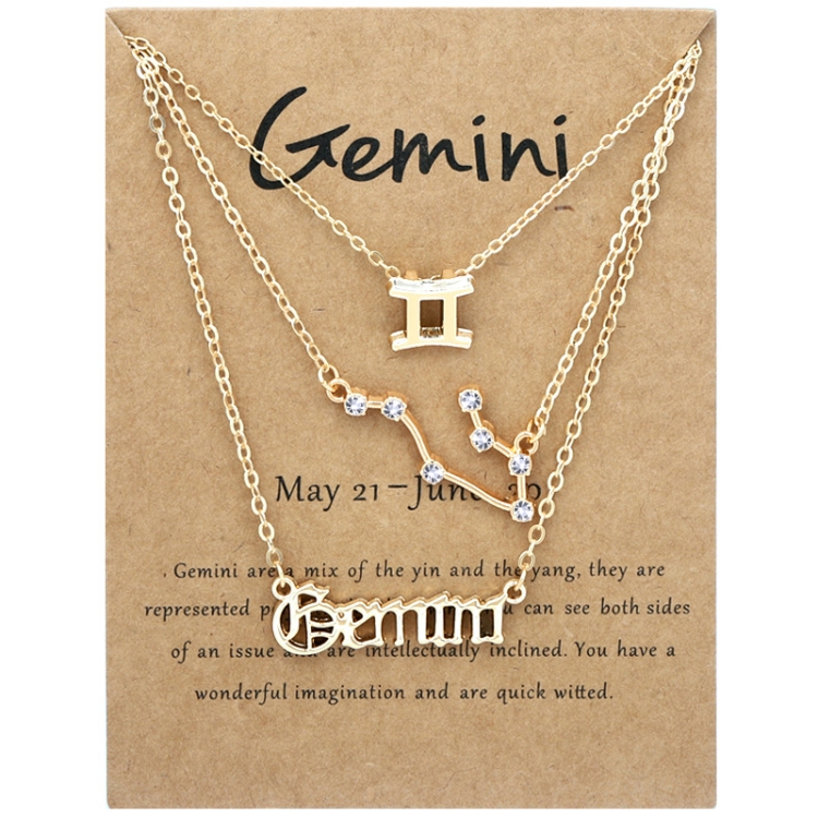 3 In 1 12 Zodiac Signs Necklace Set Retro Alphabet Symbols With Diamonds Jewelry Set, Style: Gemini Golden