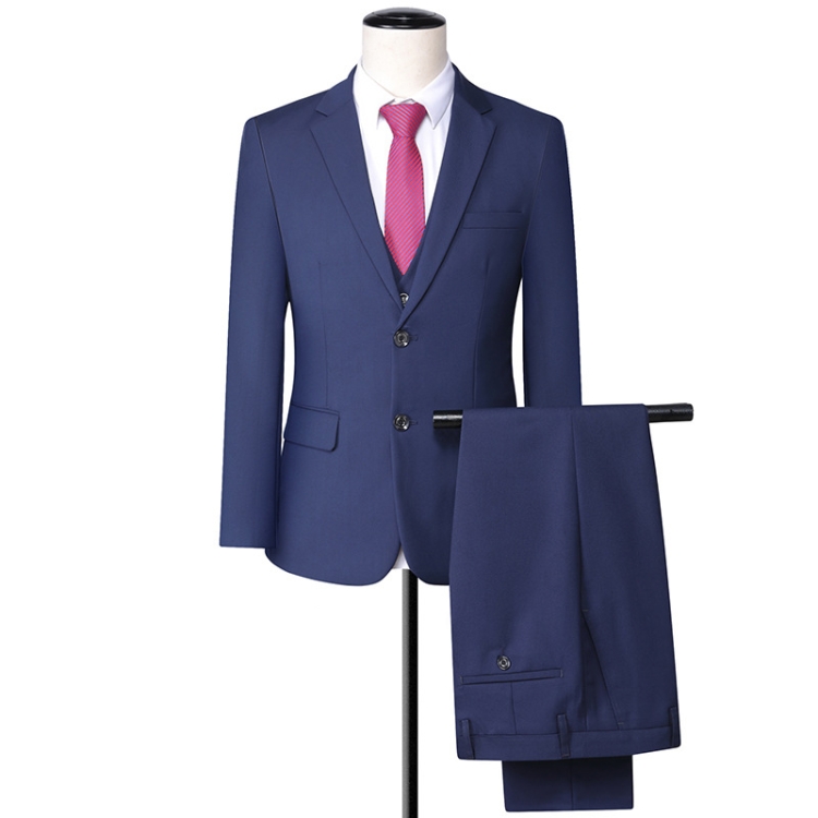 3 In 1 Men 2-Button Suit Handsome Slim Business Formal Suit Bank Sales Hotel Workwear, Size: XXXL(Blazer+Shirt+Trousers Blue)