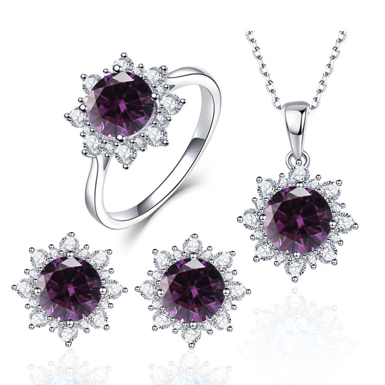 3 PCS/Set Snow Shape Gemstone Jewelry Set For Women, Ring Size:8(Purple)