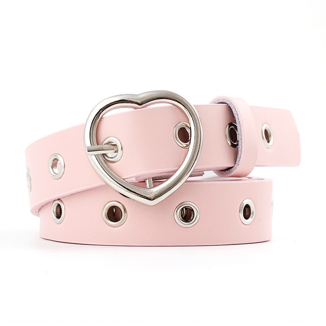 3PCS Narrow Thin Leather Silver Metal Heart Buckle Belts for Women, Belt Length:105cm(Pink)