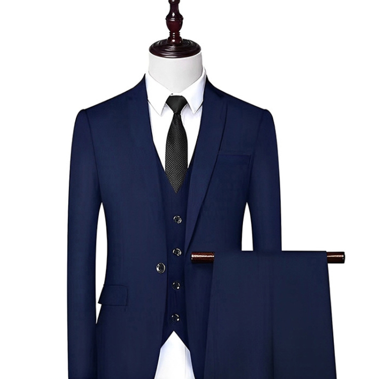 3pcs /Set Men Formal Business Suit Blazers Wedding Dress Groom Group Suits, Size: M(1 Button Navy Jacket+Shirt+Pants)