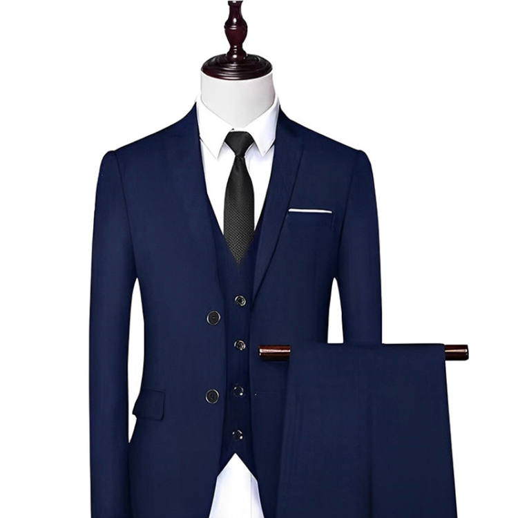 3pcs /Set Men Formal Business Suit Blazers Wedding Dress Groom Group Suits, Size: XXL(2 Button Navy Jacket+Vest+Pants)