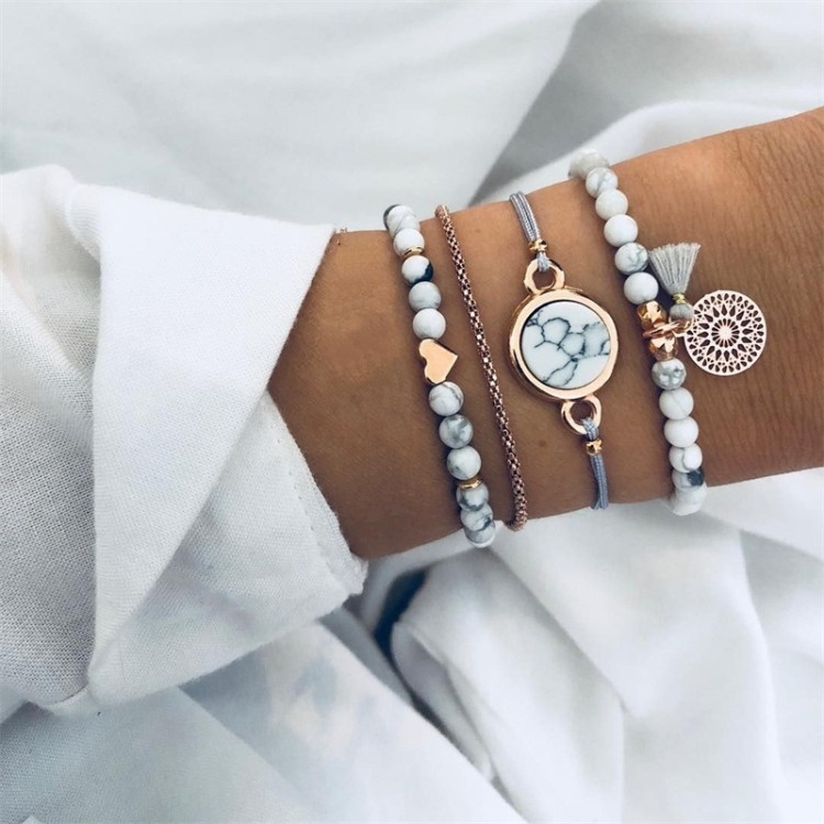 4 PCS/ Set Bohemian Charm Bead Bracelet Women Heart Marble Stone Tassel Bangles