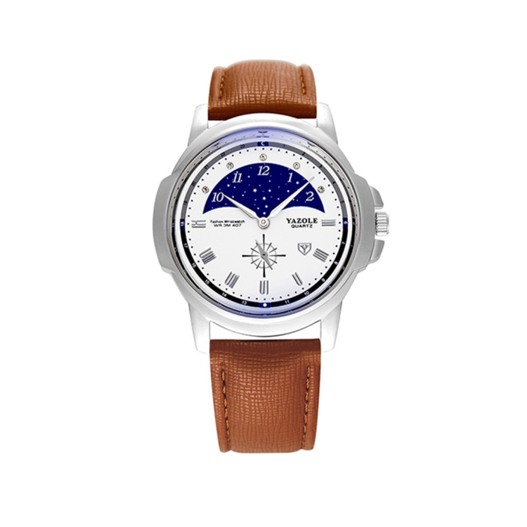 407 YAZOLE Men Fashion Business Leather Band Quartz Wrist Watch(Brown + White)