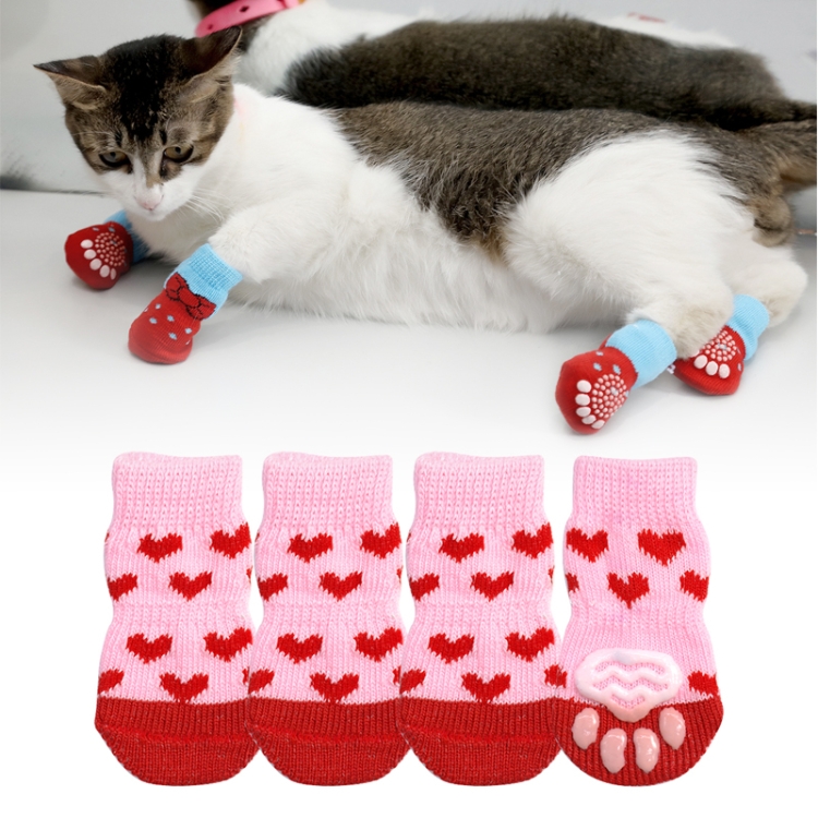 4pcs /Set Pet Dog Puppy Cat Shoes Slippers Non-Slip Socks Pet Cute Indoor for Small Dogs Cats Snow Boots Socks, Size:S(Light Red)