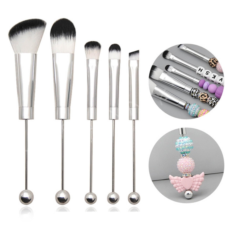 5-in-1 Metal Handle DIY Beaded Makeup Brush Set Blush Loose Powder Slanted Eye Shadow Brush, Color: Silver