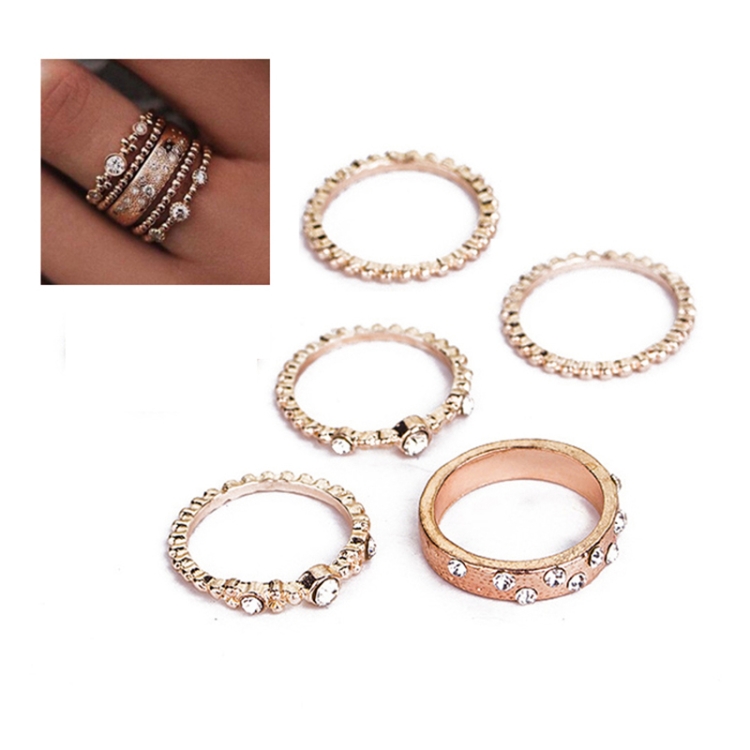 5 PCS/Set Fashion Women Rose Gold Rhinestone Elegant Rings Jewelry Set, Ring Size:10