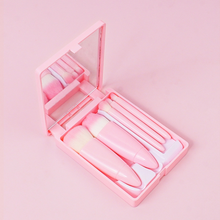 5pcs/Set Medium Portable Makeup Brush Set With Mirror Mini Multifunctional Makeup Brush(Pink)
