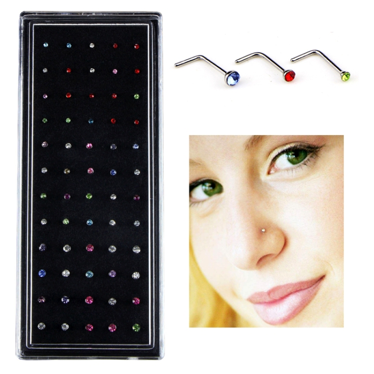 60 PCS Color Mixed Diamond Shape Stainless Steel Nose Stud Rings L Shaped Piercing Jewelry, Pin Length: 7mm, pin diameter: 0.6mm (Color)