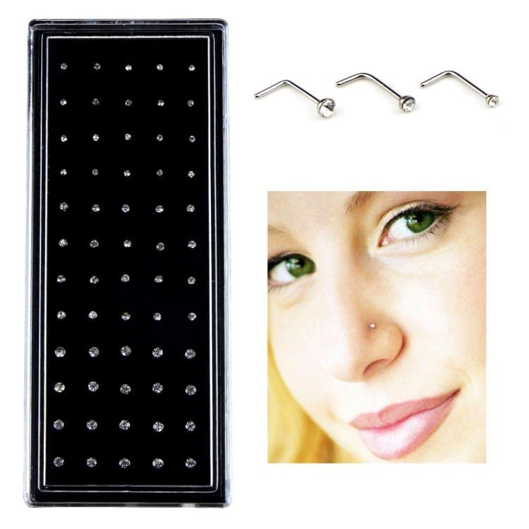 60 PCS Color Mixed Diamond Shape Stainless Steel Nose Stud Rings L Shaped Piercing Jewelry, Pin Length: 7mm, pin diameter: 0.6mm (White)