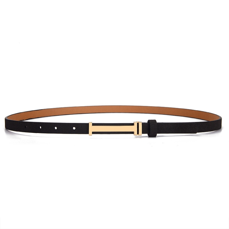 90cm Women Adjustable Leather Decorative Belt Casual Jeans Gold Buckle Thin Belt(Black)