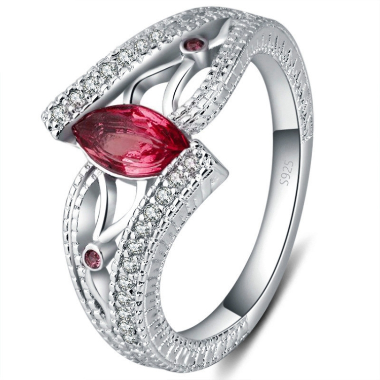 925 Sterling Silver Finger Rings Women Vintage Engagment Zircon Jewelry, Ring Size:8(Red)