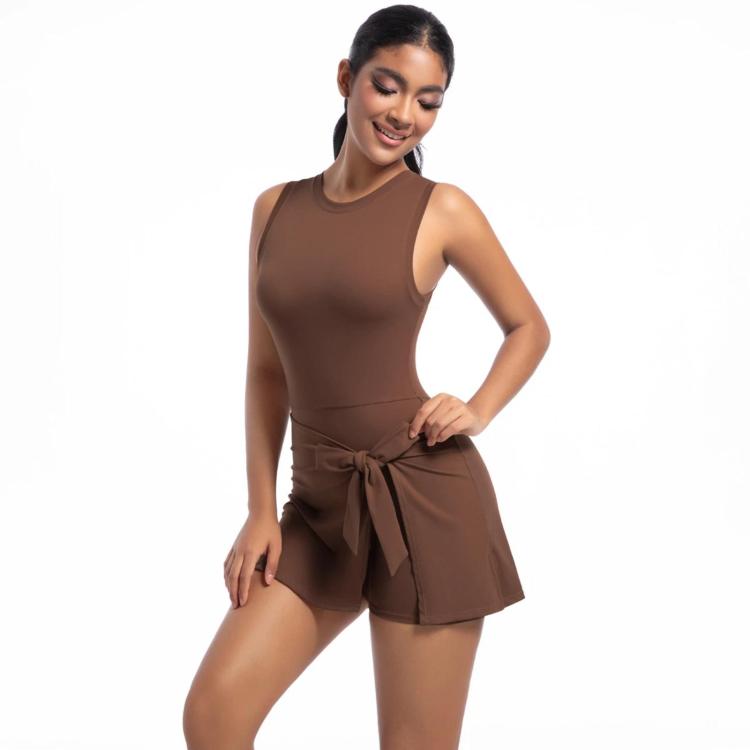 Anti-Exposure Tennis Skirt Bodysuit Breathable Fitness Yoga Wear, Size: S(Chestnut)