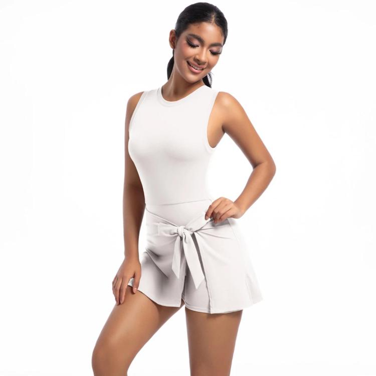 Anti-Exposure Tennis Skirt Bodysuit Breathable Fitness Yoga Wear, Size: S(White Gray)