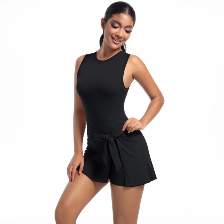 Anti-Exposure Tennis Skirt Bodysuit Breathable Fitness Yoga Wear, Size: XL(Black)