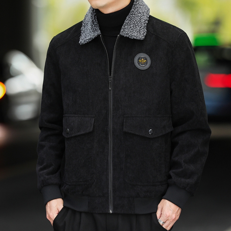 Autumn and Winter Casual Jacket Vintage Corduroy Lapel Coat, Color: Black Plush(XL)