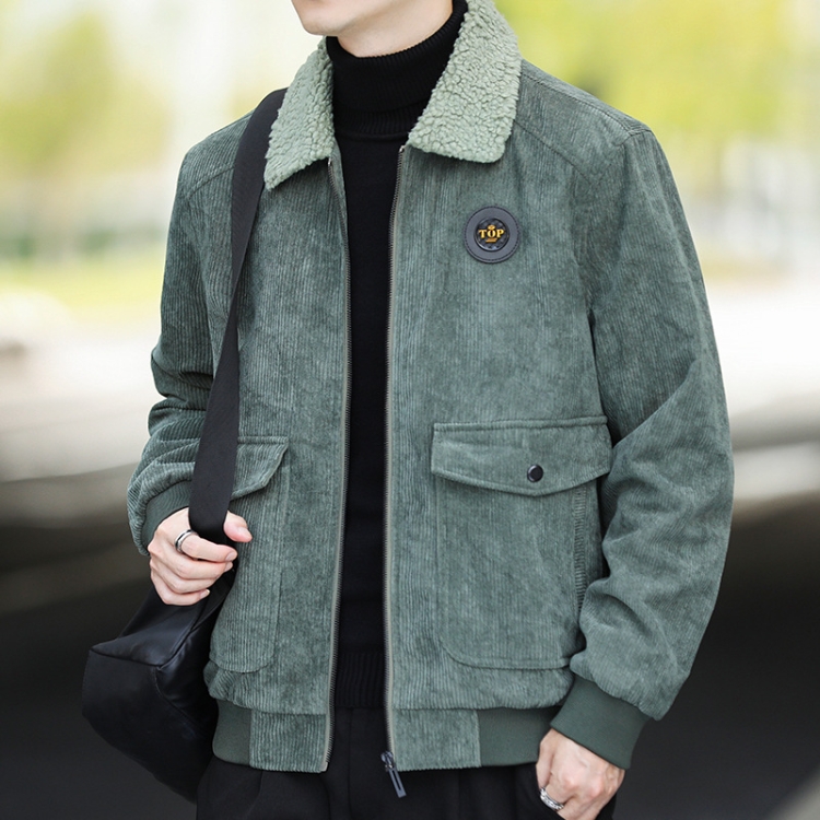 Autumn and Winter Casual Jacket Vintage Corduroy Lapel Coat, Color: Green Plush(3XL)